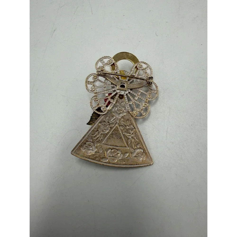 Vintage Angel Brooch Gold Tone Filigree Red Rose Faux Pearl Enamel Pin